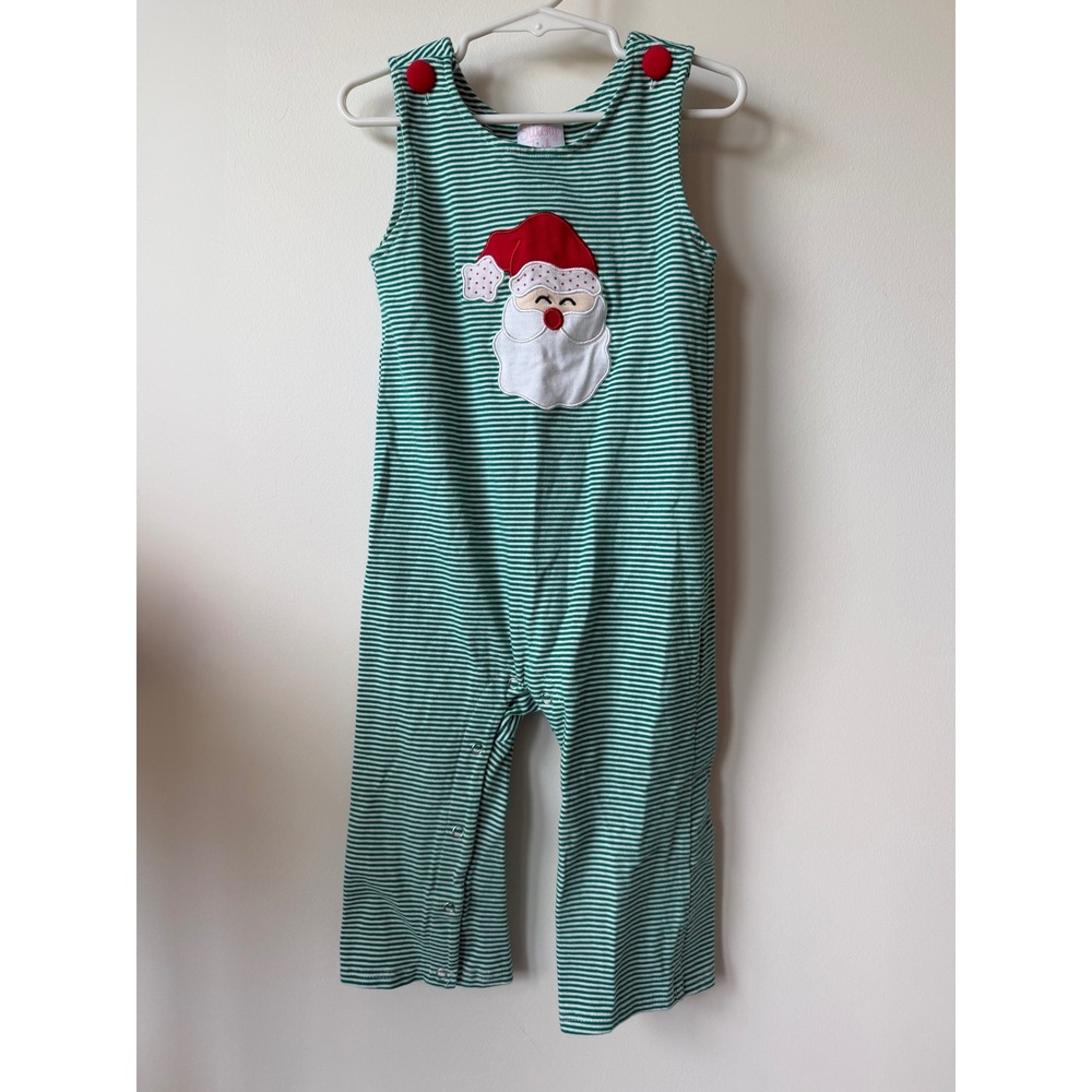 Stitchy Fish Kids Christmas Santa Claus Green Striped Romper 2T
